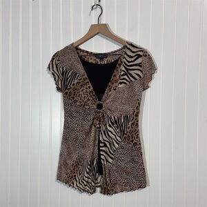 Y2K Animal Print Ruched Top S Cheetah Leopard Mixed Print Clubwear Dollcore VTG
